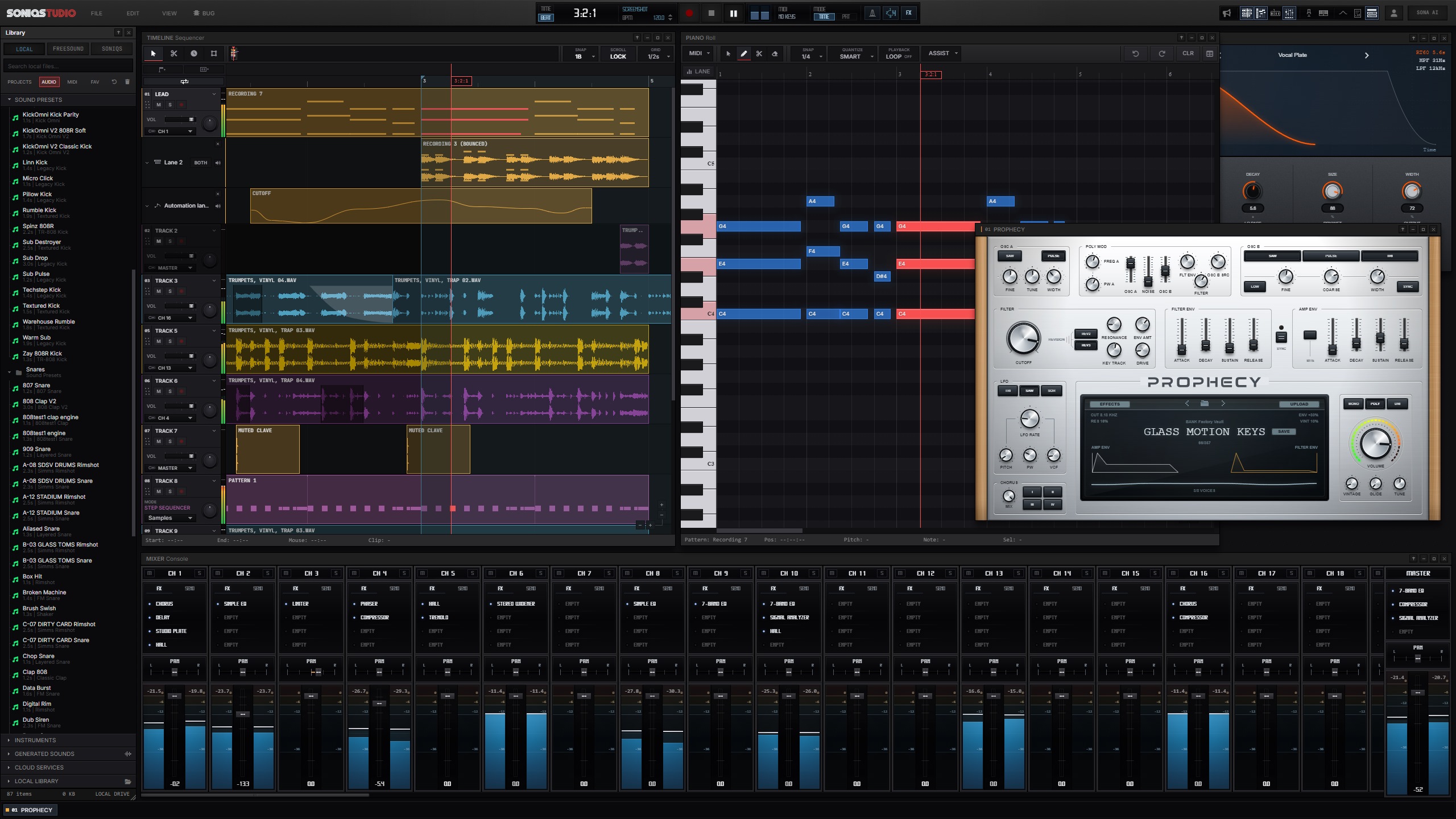 SONIQSTUDIO interface showing timeline, piano roll, synth controls, effects, library, and mixer